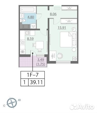 1-к квартира, 39.1 м², 16/25 эт.