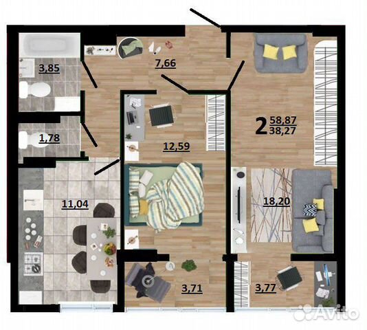 2-к квартира, 62.5 м², 2/10 эт.