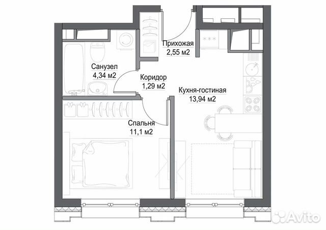 1-к квартира, 34.2 м², 35/45 эт. 1-к квартира, 34.2 м², 35/45 эт.