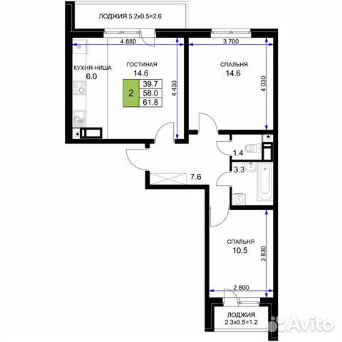 2-к квартира, 61.8 м², 12/16 эт.