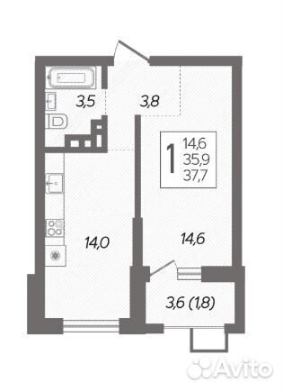 1-к квартира, 37.8 м², 7/19 эт. 1-к квартира, 37.8 м², 7/19 эт.