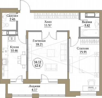 2-к квартира, 66.2 м², 14/19 эт.
