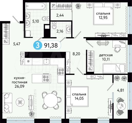 3-к. квартира, 91,4 м², 11/14 эт.