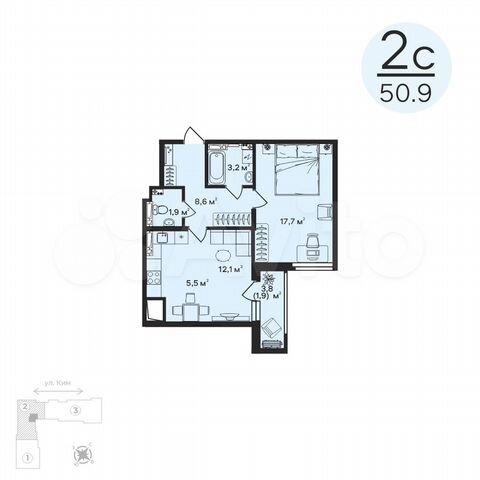 2-к. квартира, 50,9 м², 4/12 эт.