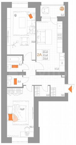 2-к. квартира, 74,4 м², 4/5 эт.