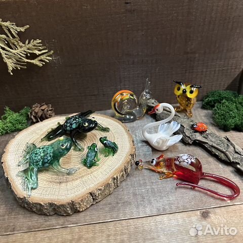 Фигурки из стекла. Лягушки, коты, зайцы, сова
