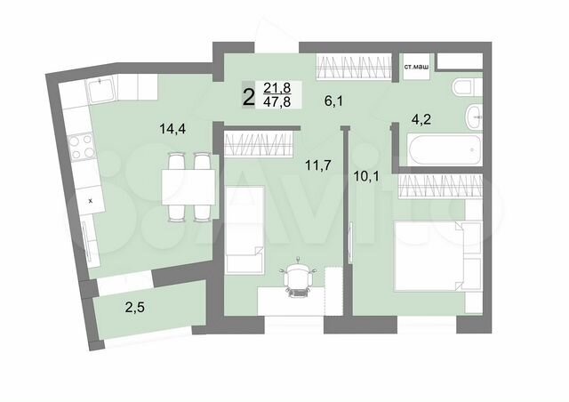 2-к. квартира, 47,7 м², 16/23 эт.