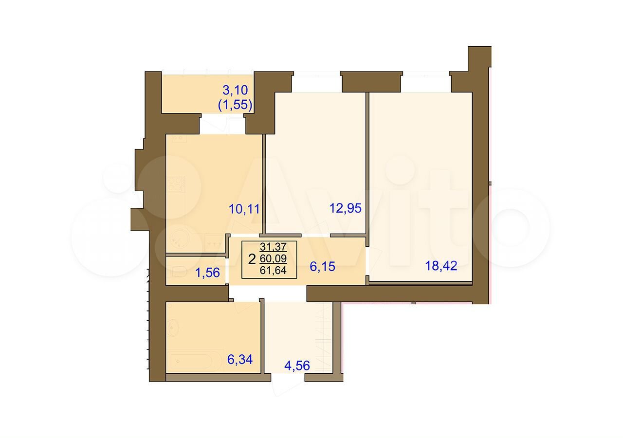 2-к квартира, 61.6 м², 6/9 эт. 84942360325 купить 7