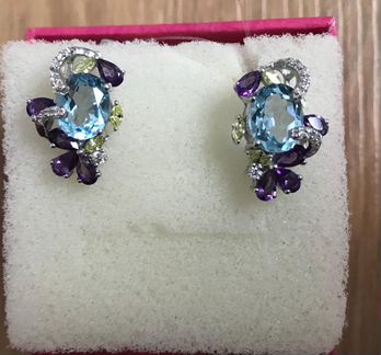 Топаз, аметист, перидот, белые цирконы Серьги