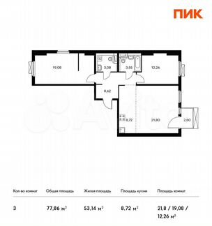 3-к квартира, 77.9 м², 12/14 эт.