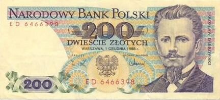 Польские злотые,номинал - 200, 1988 год выпуска